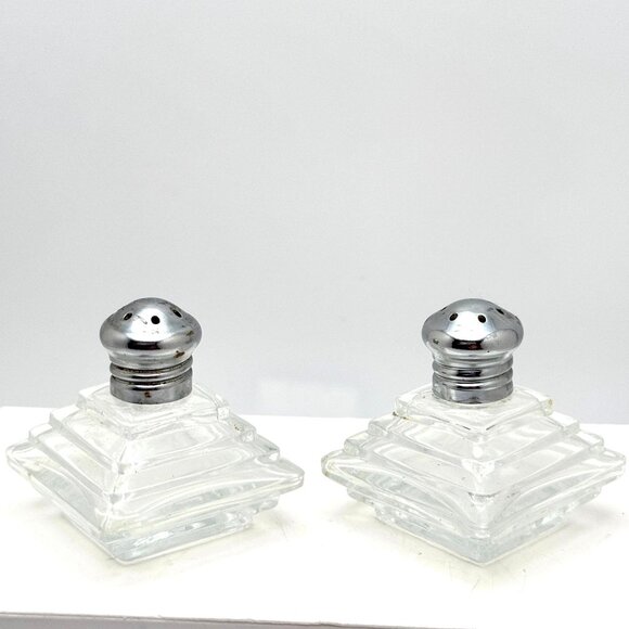 Vintage Irice Pyramid Glass Salt & Pepper Shaker Silver Chrome Tops - Picture 1 of 7